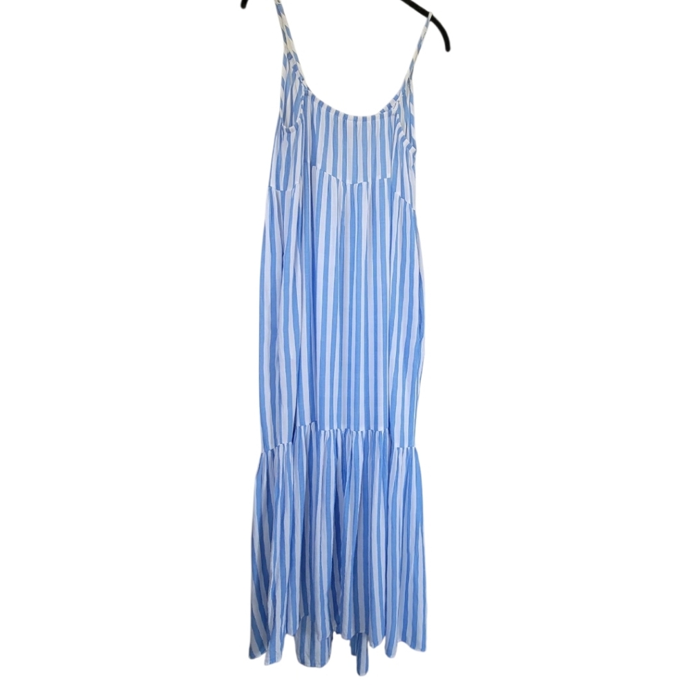 Old Navy Blue White Striped Tiered Coastal Boho Long Maxi Swing Dress Large - Picture 10 of 16